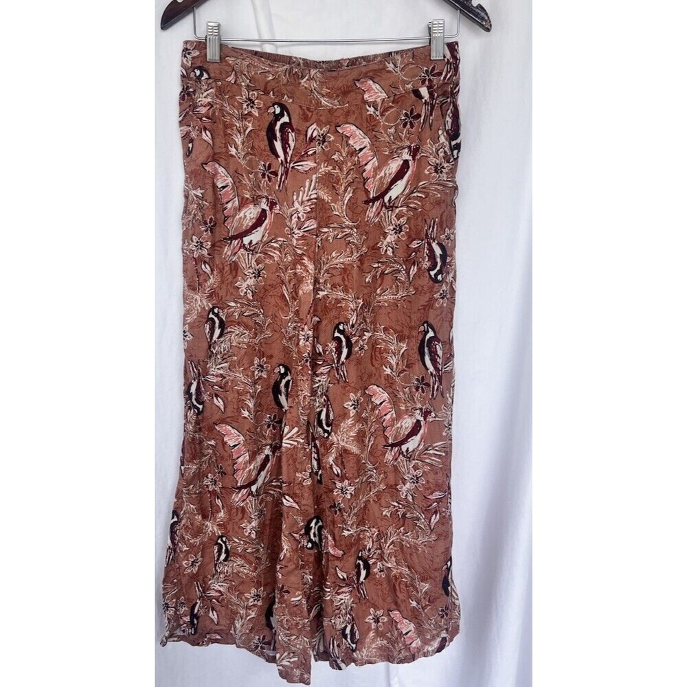 Tahari Linen Pants Women M Bird Floral Tropical Wide Leg Crop Pull On Cottage